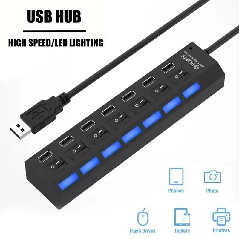 7 Port USB 2.0 Hub Splitter For Laptop Computer Accessories LED Indicator Independent Control PC Computer Accessory Splitter Box