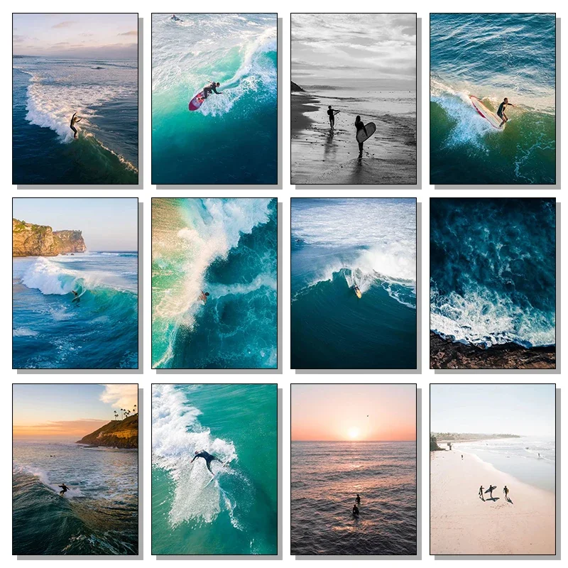 Beach Sunset Surfer Surfing Colorful Wave Surreal Poster Canvas Painting and Prints Wall Art Holiday Picture for Room Home De