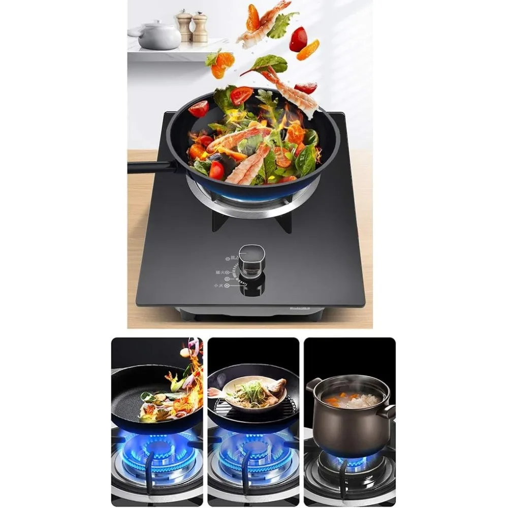 موقد غاز مدمج - موقد غاز من الزجاج المقسى باللون الأسود - دعم مقلاة حديد الزهر القوية - إشعال النبض الإلكتروني - لهب