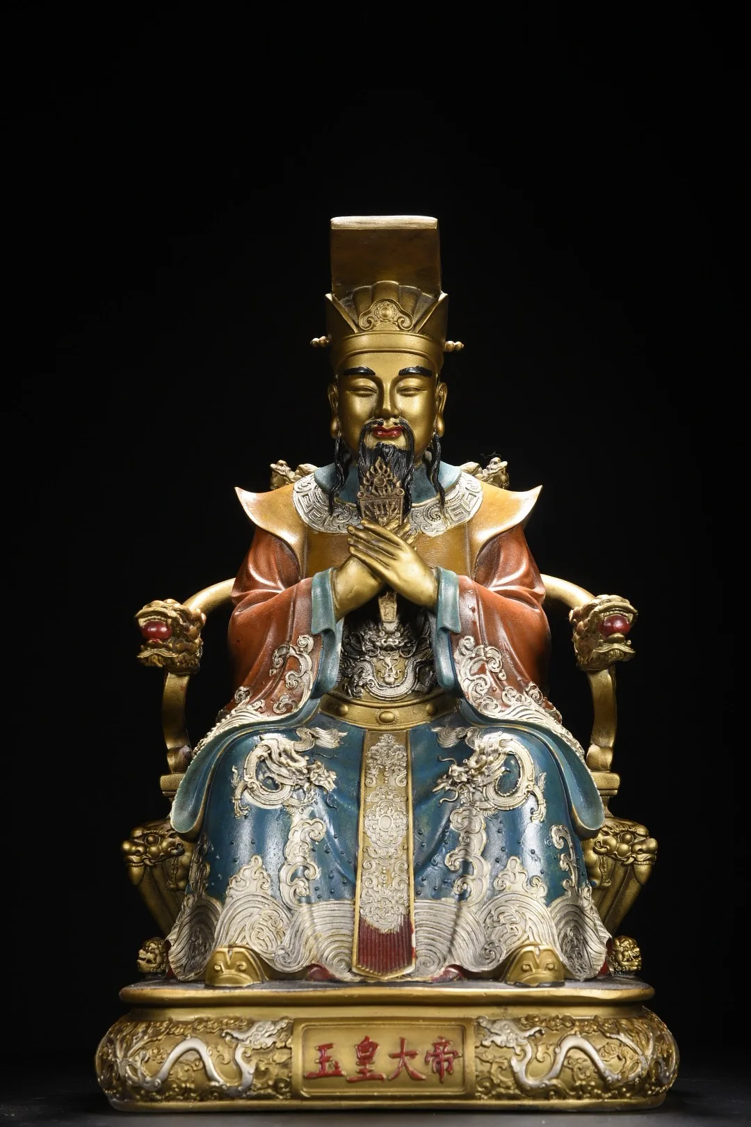 

19"Xizang Folk Collection Old Bronze Painted Dragon Emperor's chair Emperor's chair Immortals Sitting Buddha Worship Hall