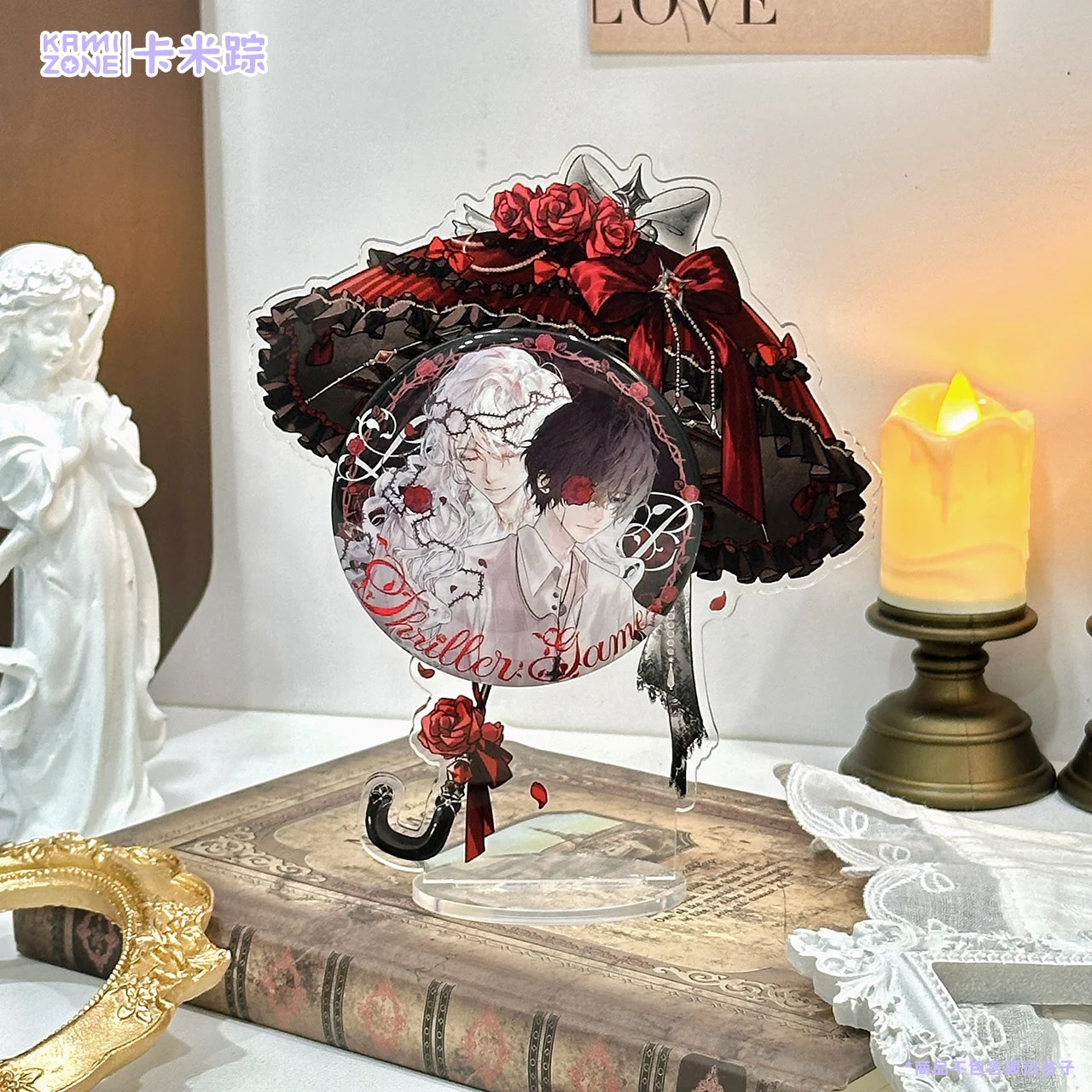 Gothic Dark Rose Lace Parasol Magnetic Acrylic Badge Display Stand, Vintage Pin Ornament, for Anime Round Goods Collection