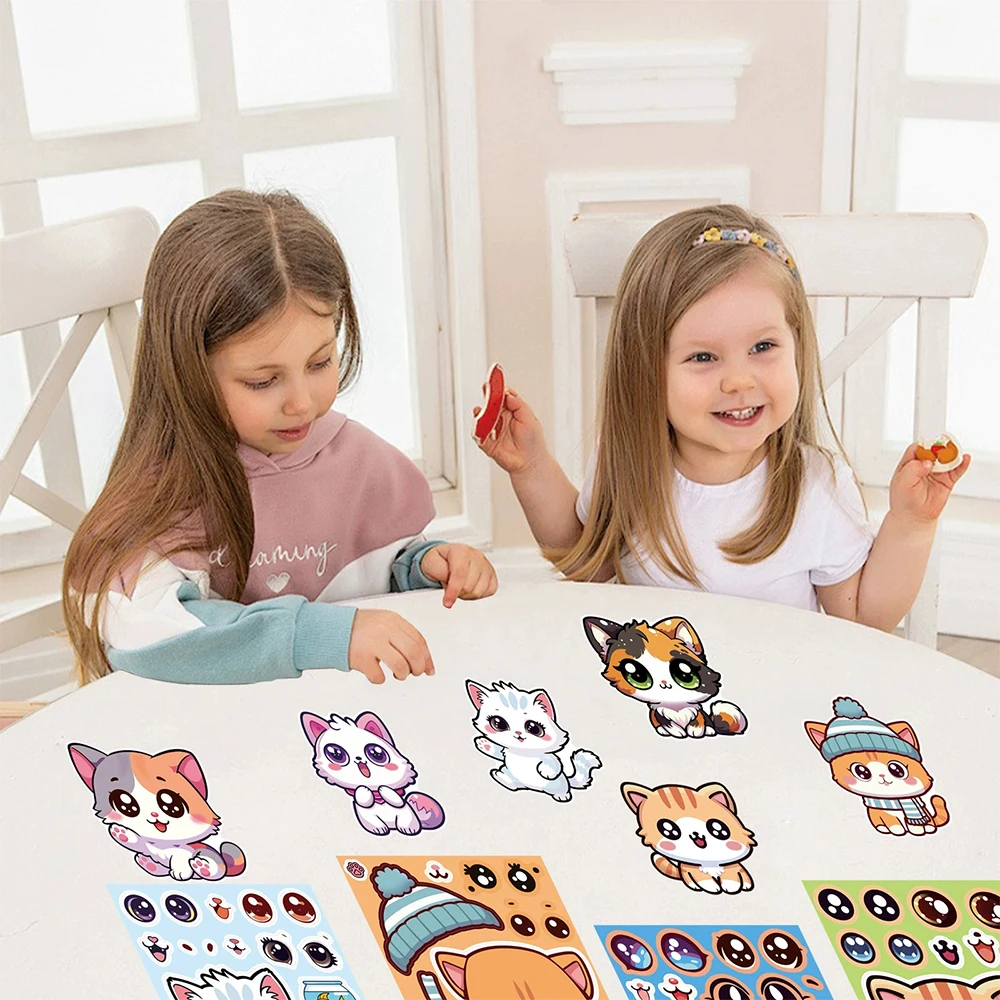 8/16Sheets Cute Cat Cartoon Make a Face Puzzle Stickers Kids DIY Jigsaw Toys Boys Grils Funny Assemble Games Party Decoration