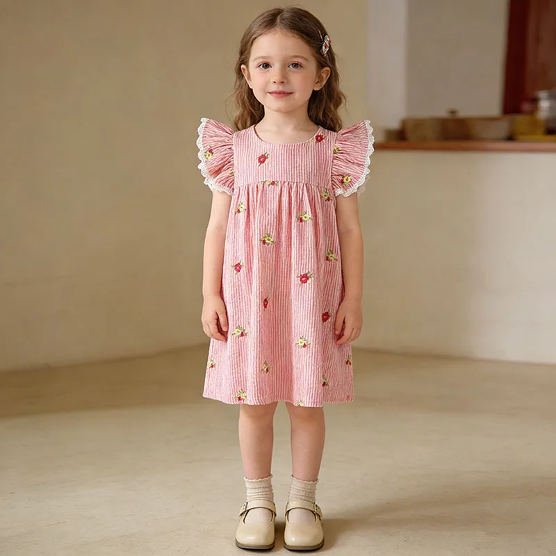 Hot Sale Summer New Style Girls Dress Floral Embroidery Fashionable Fly Sleeve Small Children Girls Clothing Dress Kids' Apparel