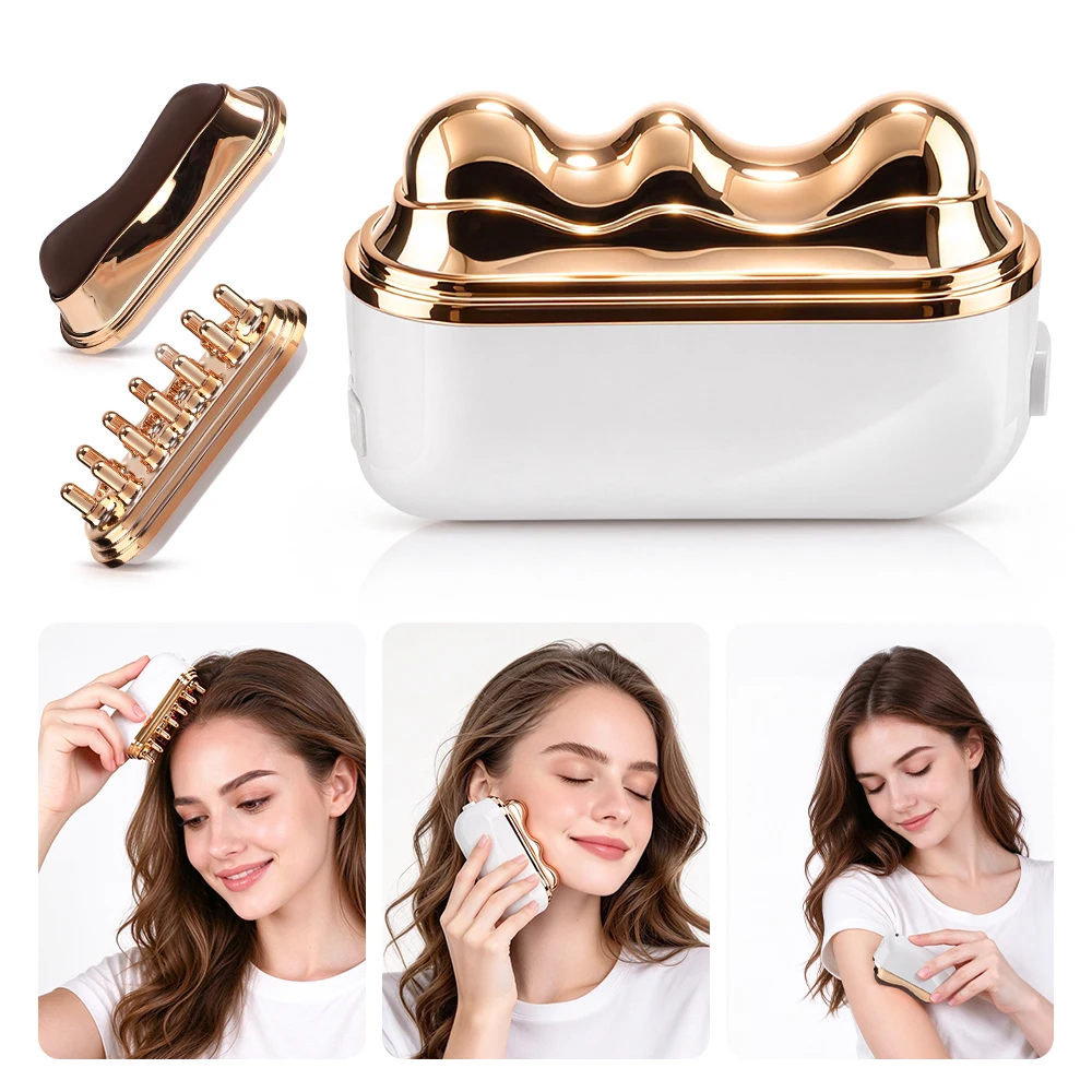 Neck Facial Massage Tool with 3 Replaceable Heads Bian Stone Gua Sha Vibration Light Rechargeable Portable Scalp Massage Comb