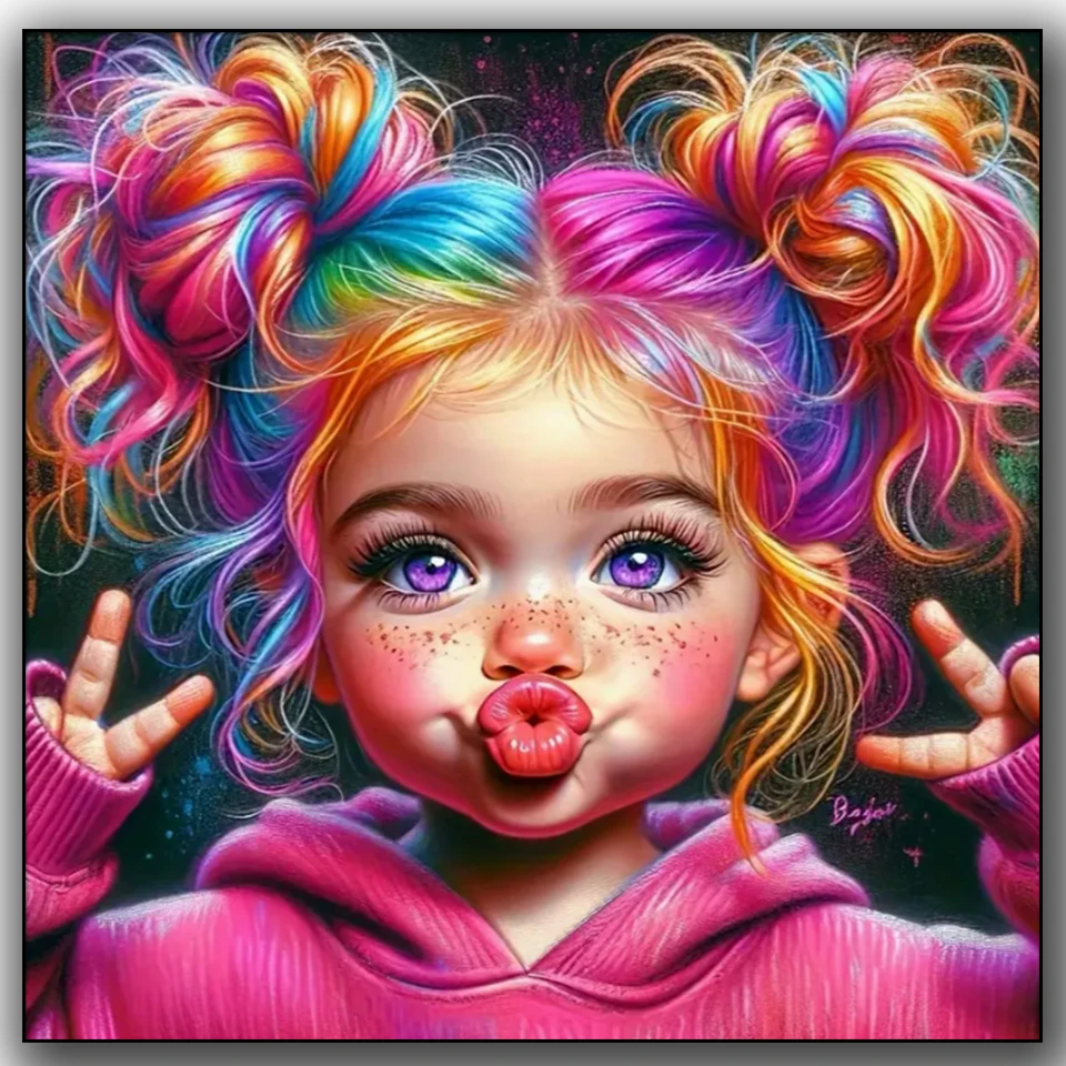 Linda chica de ballet con pelo de arcoíris y ojos expresivos, kit de pintura de diamante, bordado de punto de cruz DIY, perfecto para arte principiante