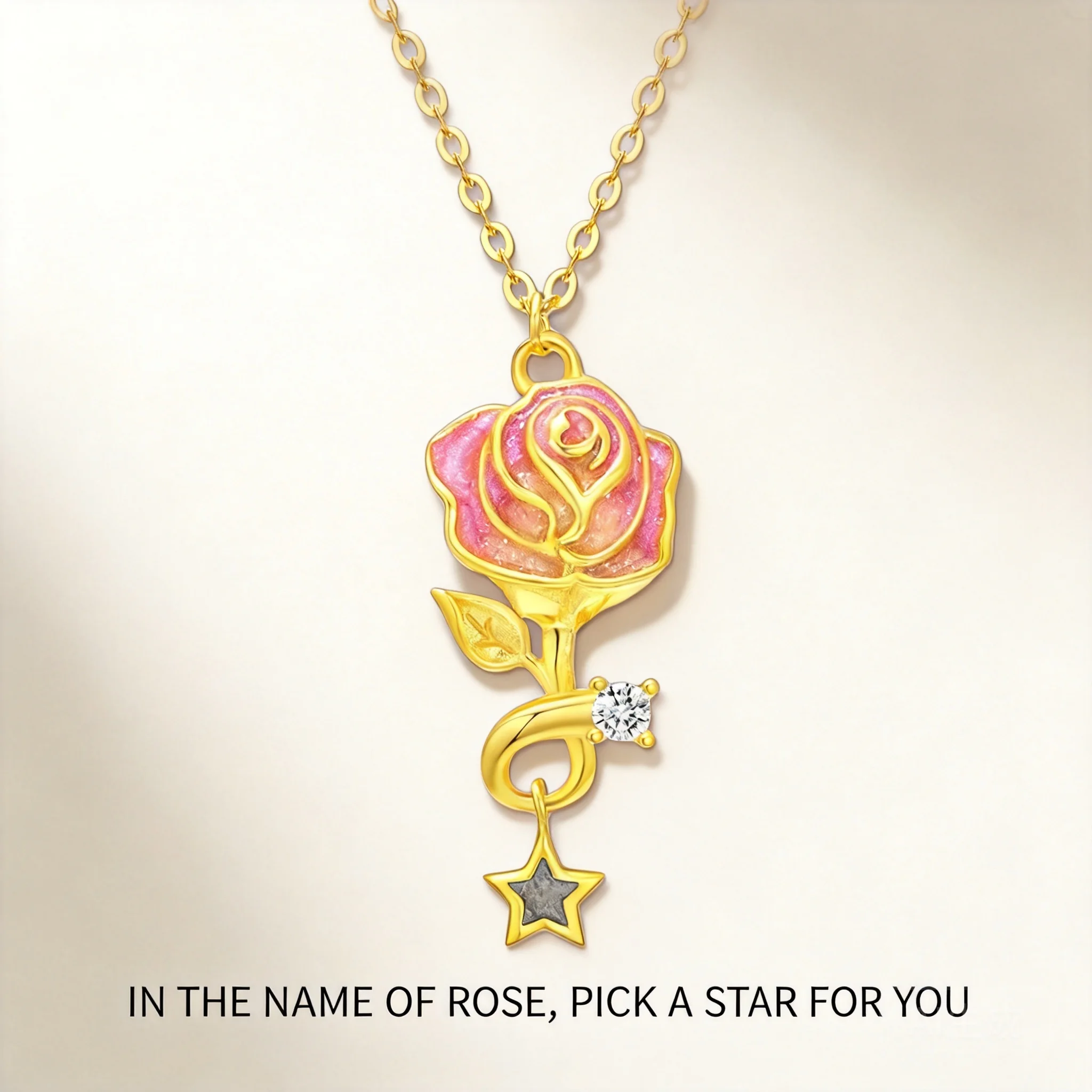 Chinese Auspicious Lucky Pink Rose Star Pendant Necklace Gold Vacuum Plated Inlaid Zircon Tarnish Resistant Clavicle Chain Sweat