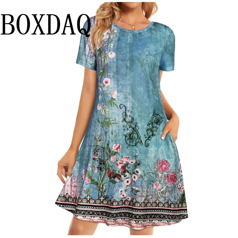 Boêmio vintage impresso vestido de verão senhoras solto camiseta vestido casual feminino praia manga curta em torno do pescoço bolso vestido curto