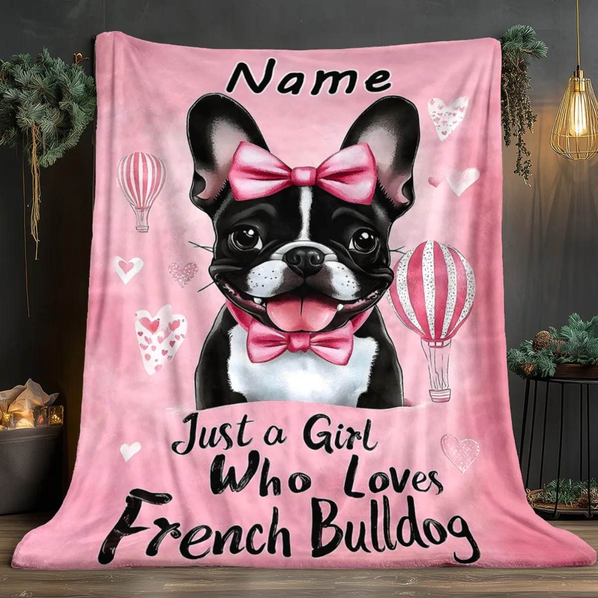 1 personalized French Bulldog Blanket with custom name and text, soft pink flannel shawl with cute French Bulldog hot air