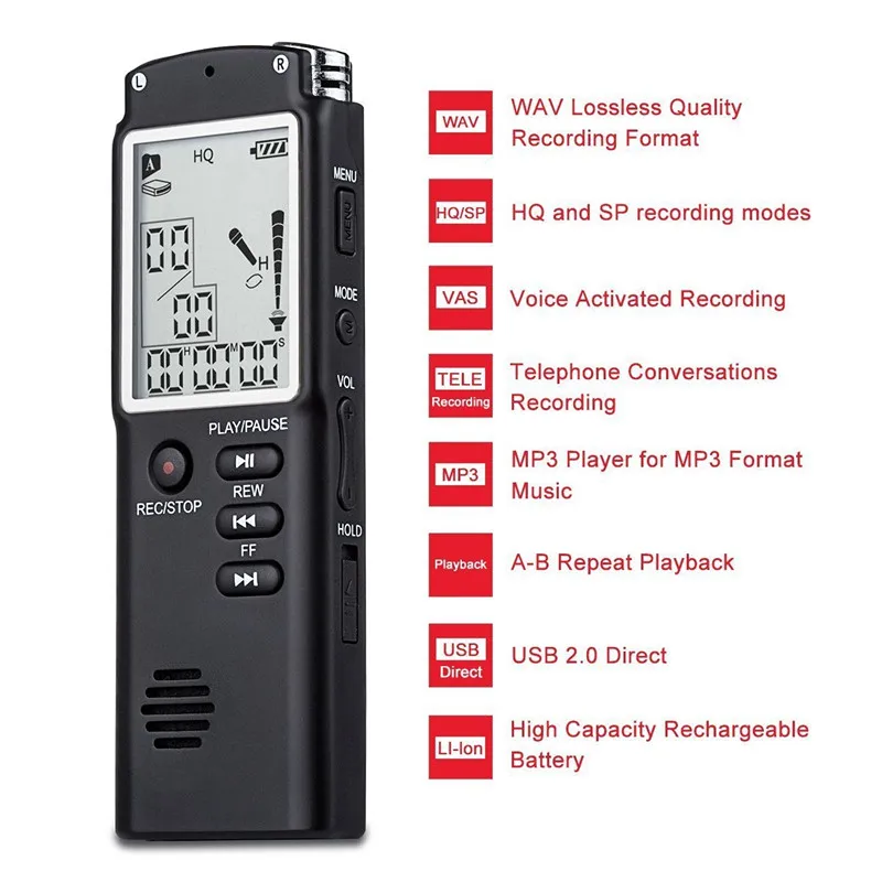 Digital Audio Voice Recorder 16GB/32GB/64GB High-Quality Intelligent Noise Reduction Recording Real Time Display with MP3 Player