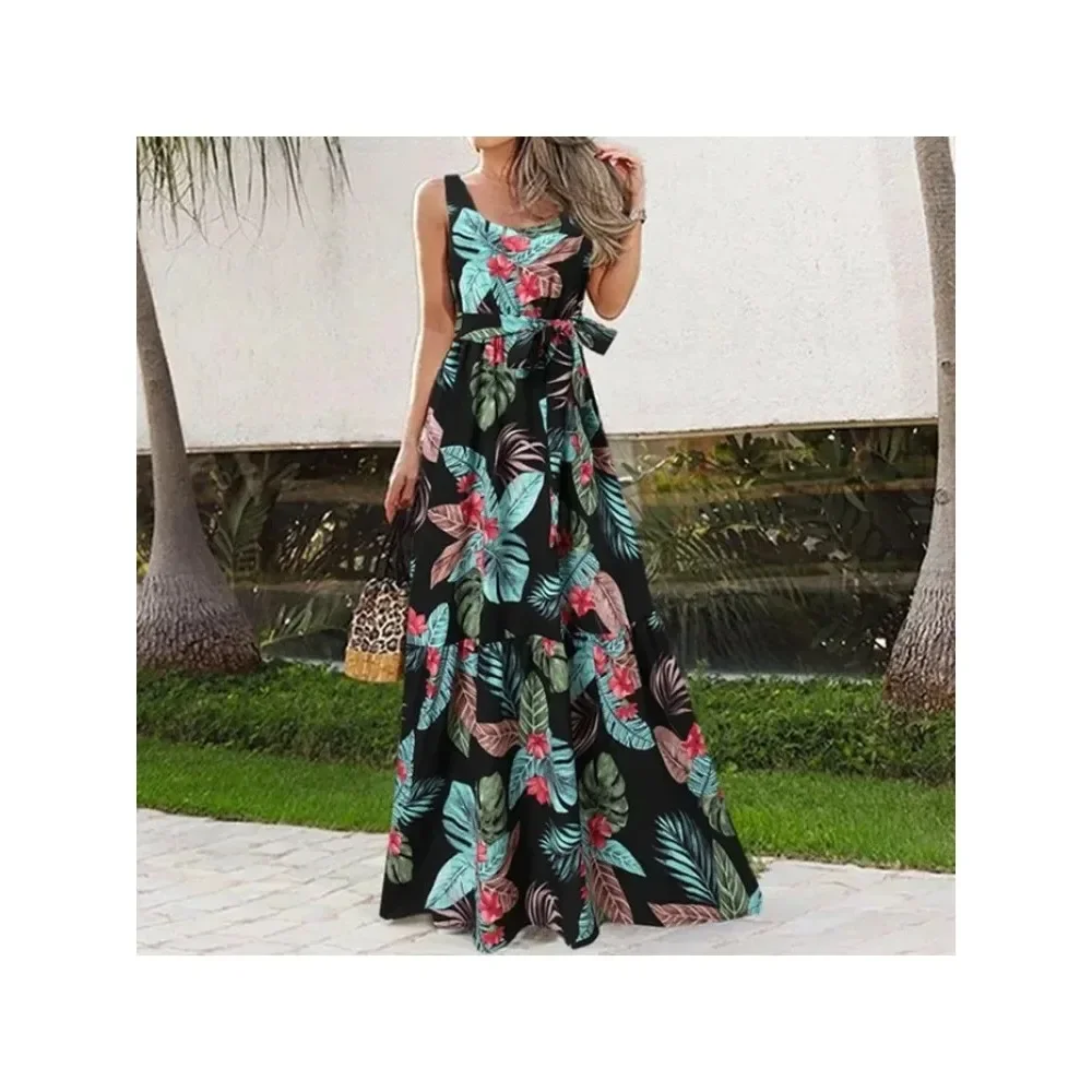 Damska sukienka Plus Size 1XL-5XL Summer Square Neck Sleeveless Belt Casual Dress Elegant Flower Print Fashion Loose Long Dress