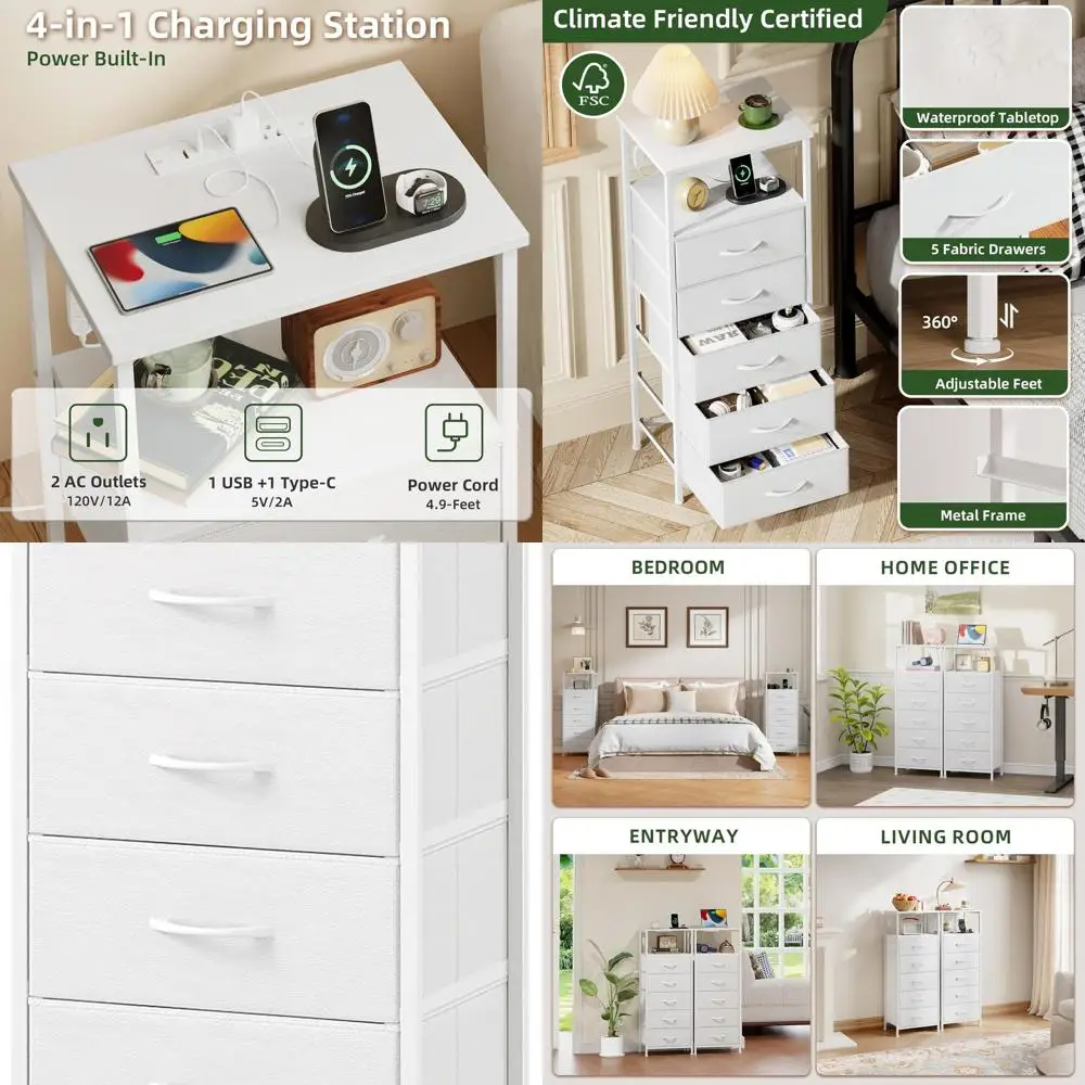

Белая тумбочка с зарядным портом и светодиодной подсветкой для спален, высокий комод с 5 ящиками и тканевыми ящиками для детей, общежитий и закрывающийся
