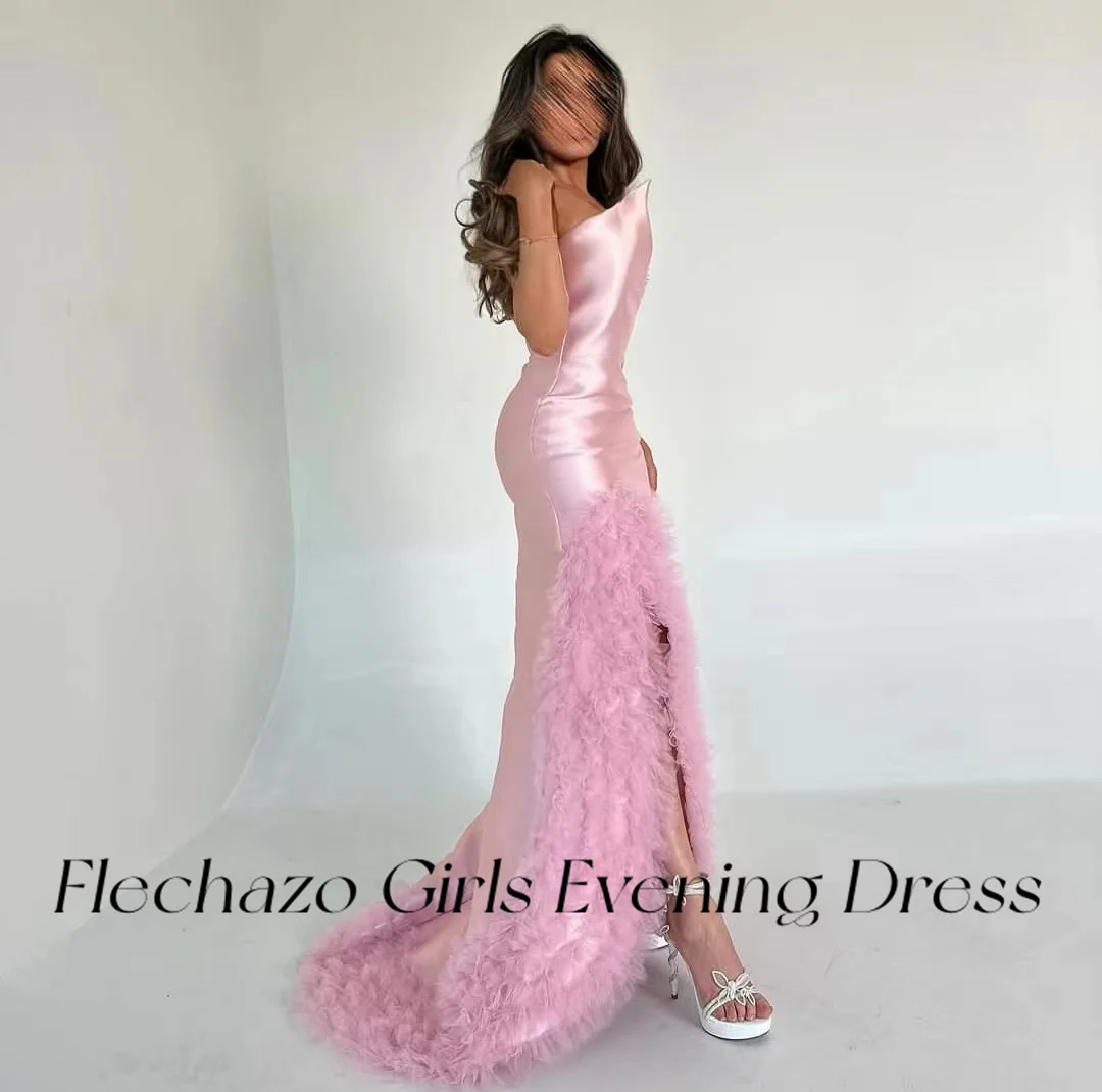 Flechazo Baby Pink Satin Prom Dresses Strapless Tiered Beads Slit Elegant Formal Party Dress For Women 2024 vestidos de noche