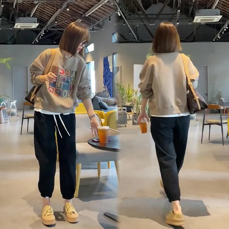 

American Style Short round Neck Sweatshirt Casual Pants Two Piece Set Women's Fashion Spring Autumn New Arrival Hong Kong Flavor