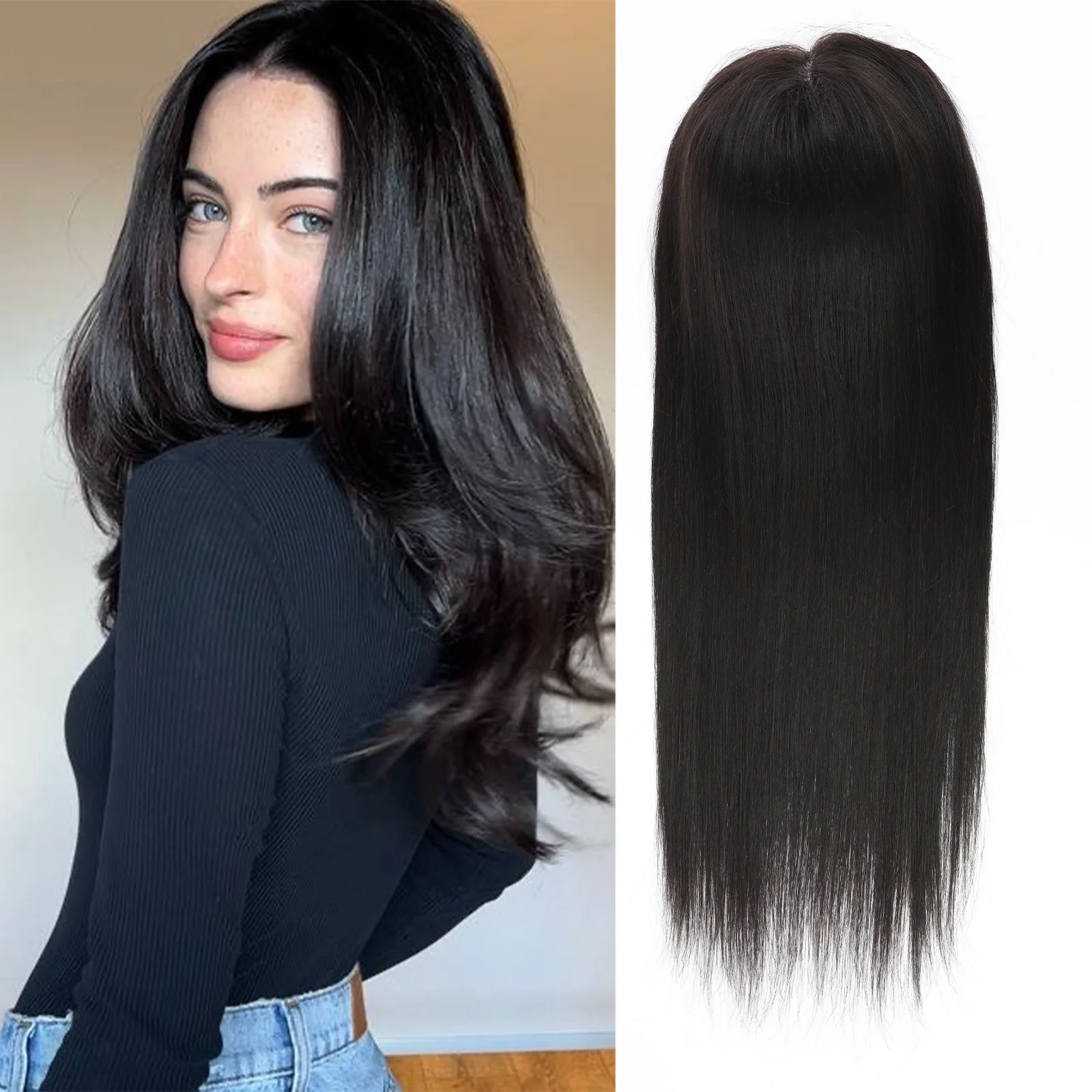 

Straight 100% Real Human Hair HD Lace Closure Topper Black Remy Hair Durable Hairpiece Extensions with Clips for Woman Hair Loss