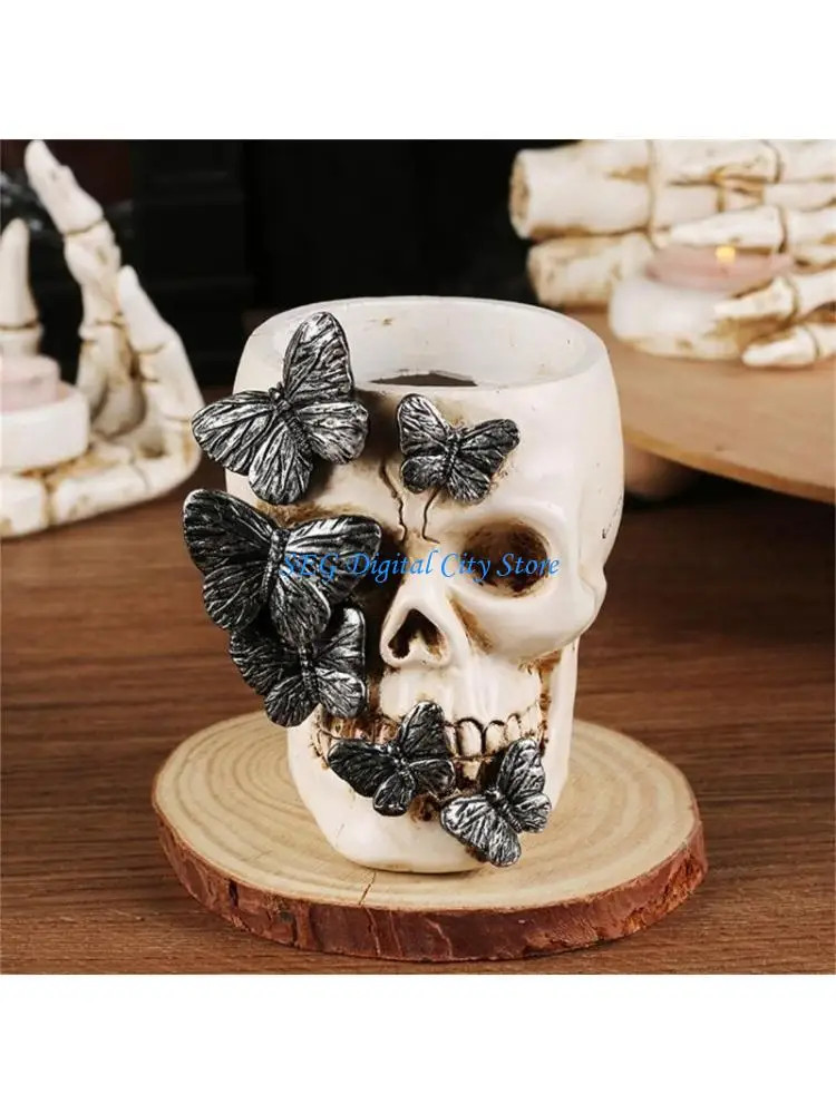 U75B Skull Pencil Cup Makeup Brush Organizers Storage Box Gothic Desk Decoration