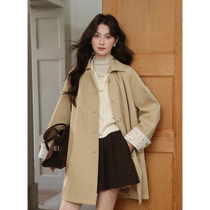 

ALXNAN Khaki Mid-length Trench Coat for Women British Style Coat 2025 Autumn Winter Fashion Lace Splicing Long Sleeve Top L57531
