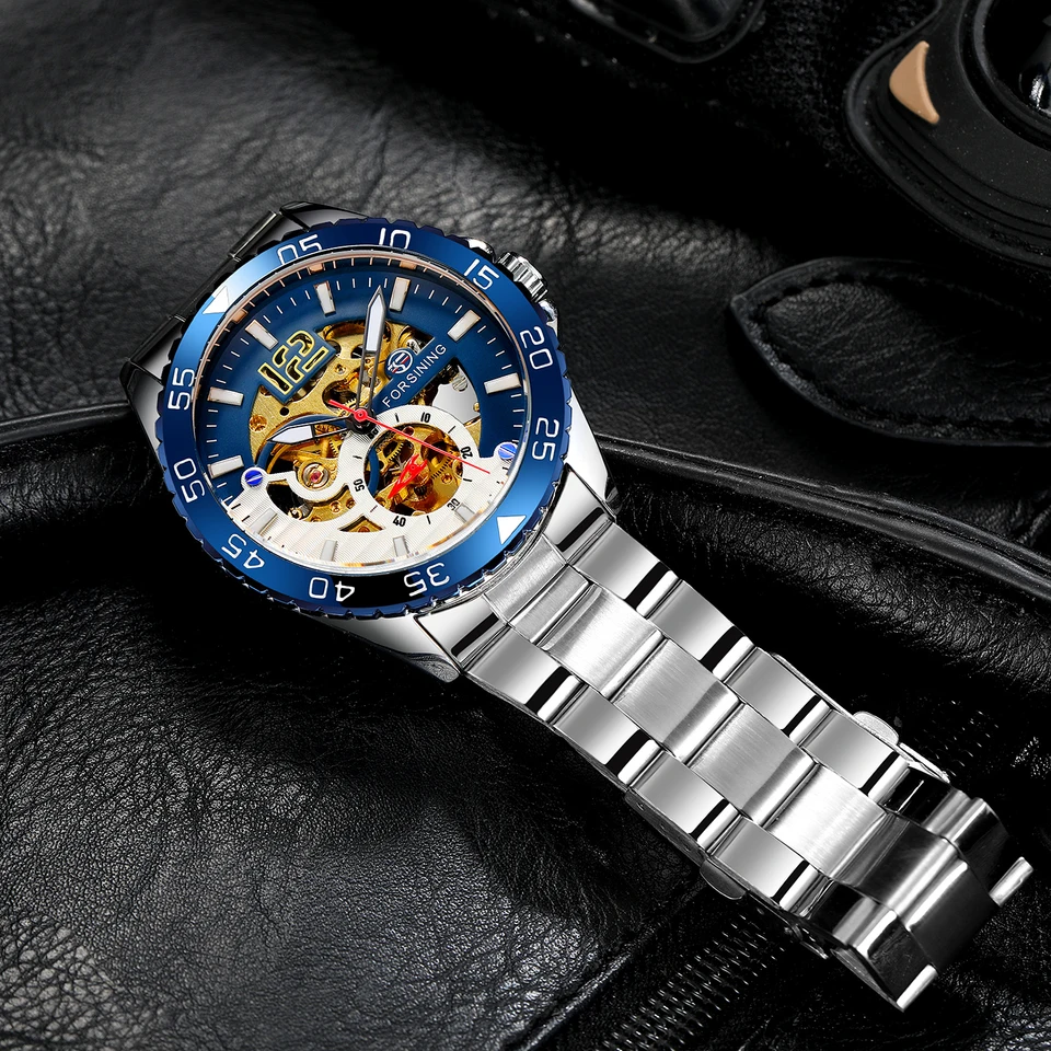 Forsining Steampunk Skeleton Mens Watch Blue Rotatable Bezel  display picture 1
