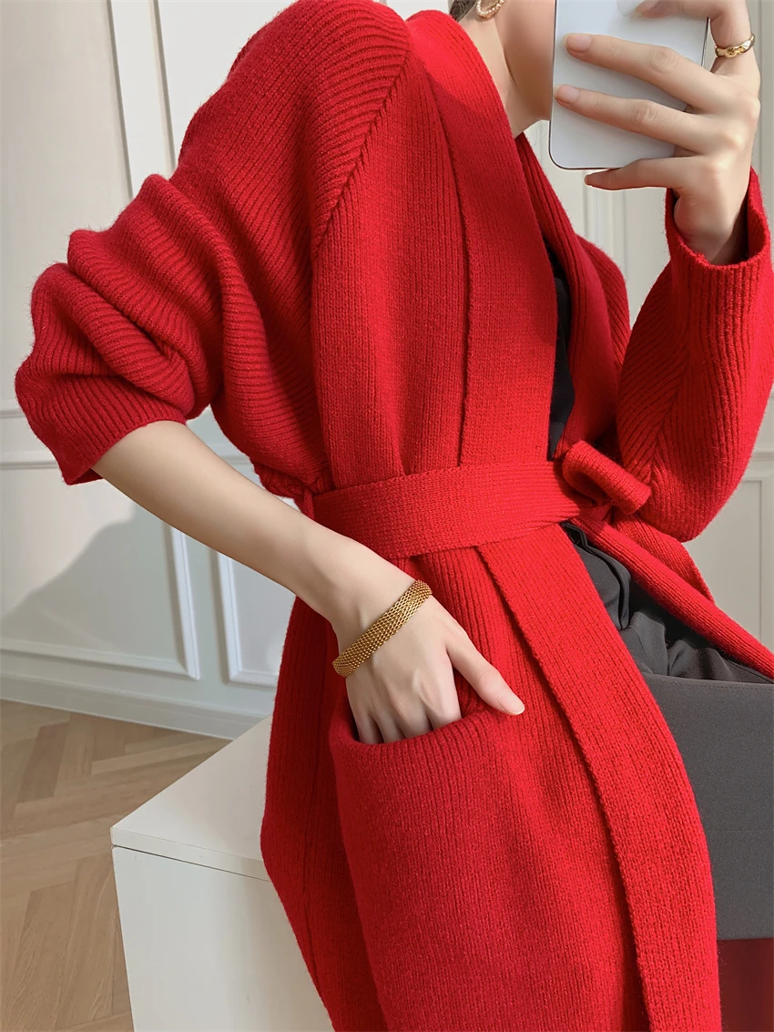 [ZAYAU] Red Alpaca Knitting Cardigan Coat For women\'s Autumn and Winter New Style Medium Long Slacker Sweater Loose and Thick