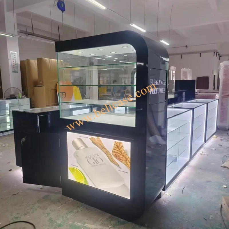 Custom factory Jewelry Display kiosk wood glass display cabinet shop counter shopping mall perfume showcase