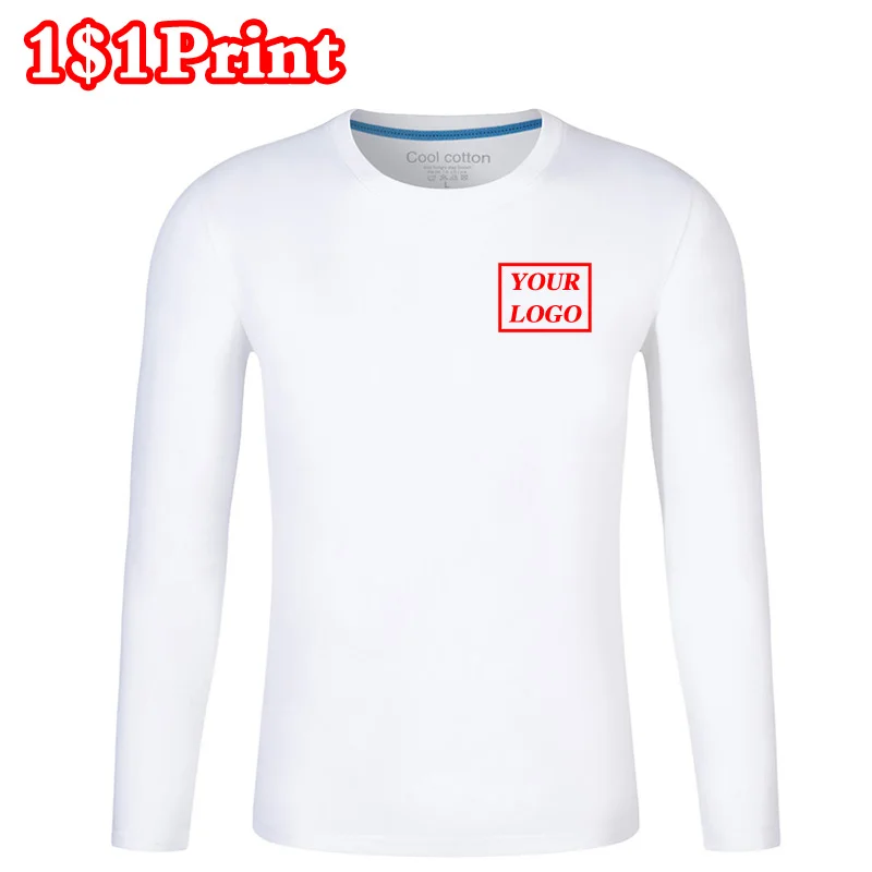 New Long sleeved pure cotton round neck T-shirt custom printed men\'s and women\'s cultural shirts work clothes DIY embroidery