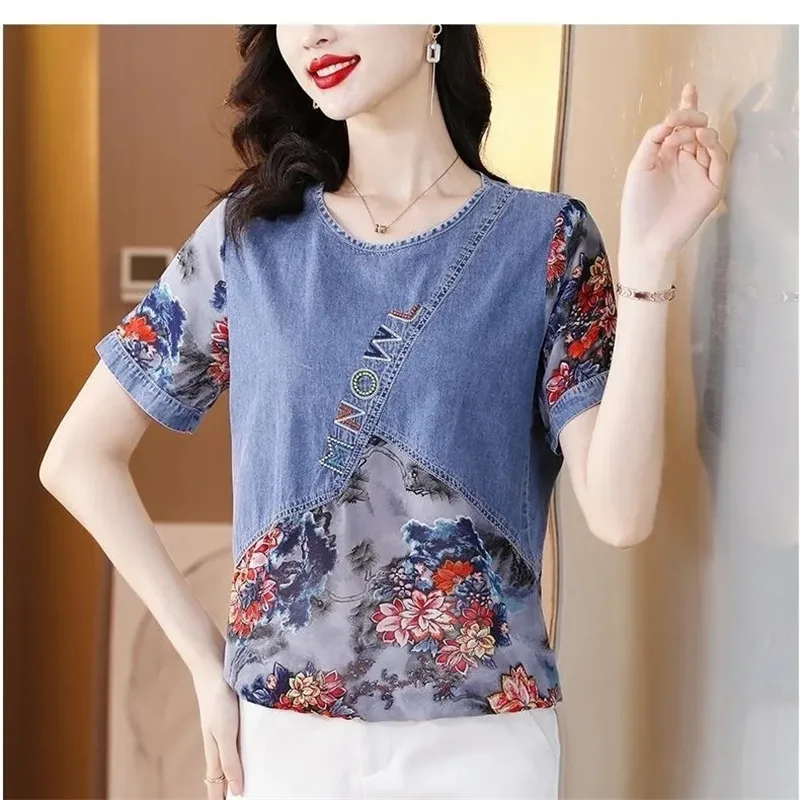 Ladies High-End Round Neck 2023 New Summer Ladies Jacket Denim Stitching Printed Shirt Chiffon Loose Cover Belly T-Shirt