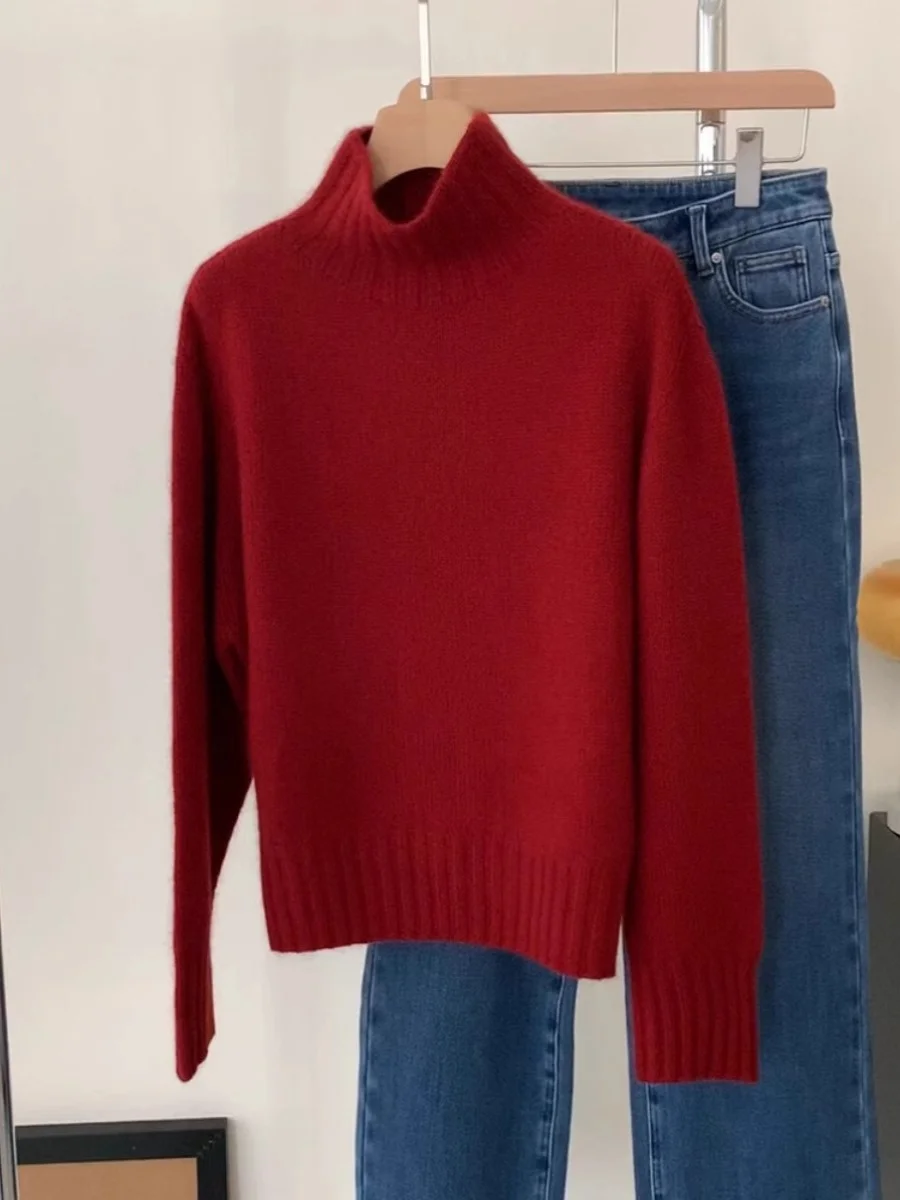 

Red Knitted Sweater High Collar Half Overhead Women's Base Layer Warmth Inner And Outer Wear Autumn Winter Fashion Commute
