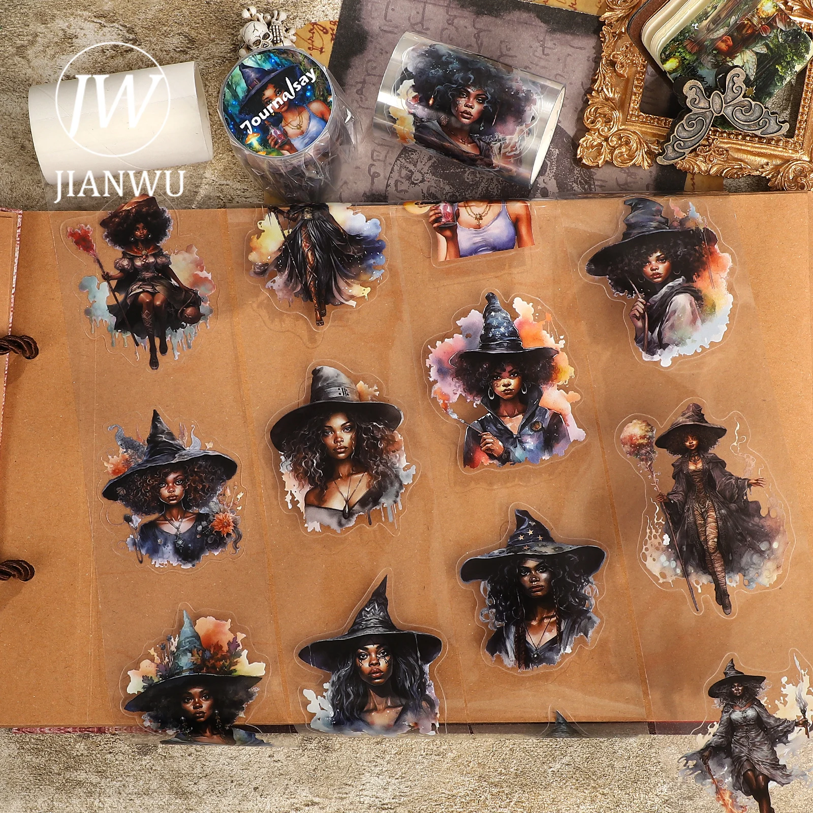 

JIANWU 60mm*200cm Vintage Black Witches Character Landscape Material Collage Scrapbook PET Tape Creative DIY Journal Stationery