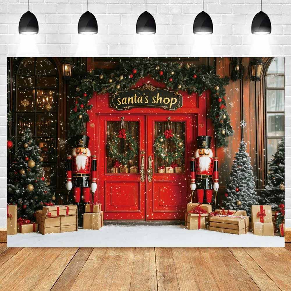 Christmas Red Santa's Shop Backdrop Nutcracker Soldier Xmas Tree Gifts Kids Art Xmas Portrait Photography Background Photostudio
