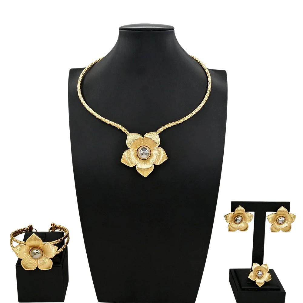 Two‑Tone Metal Flower Jewelry Set Braided Chain Necklace Earrings Ring Bracelet Women Wedding Party Statement Fashion Jewelry