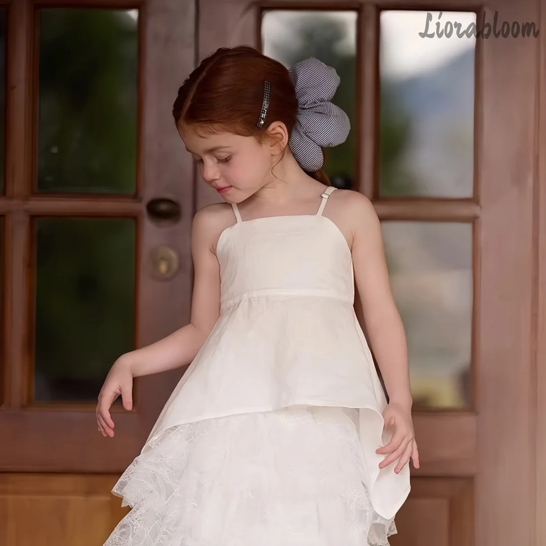 Vestido de niña blanco con tirantes, elegante y fresco, para boda, fiesta, noche, con volantes, ropa formal elegante, atuendo de boda