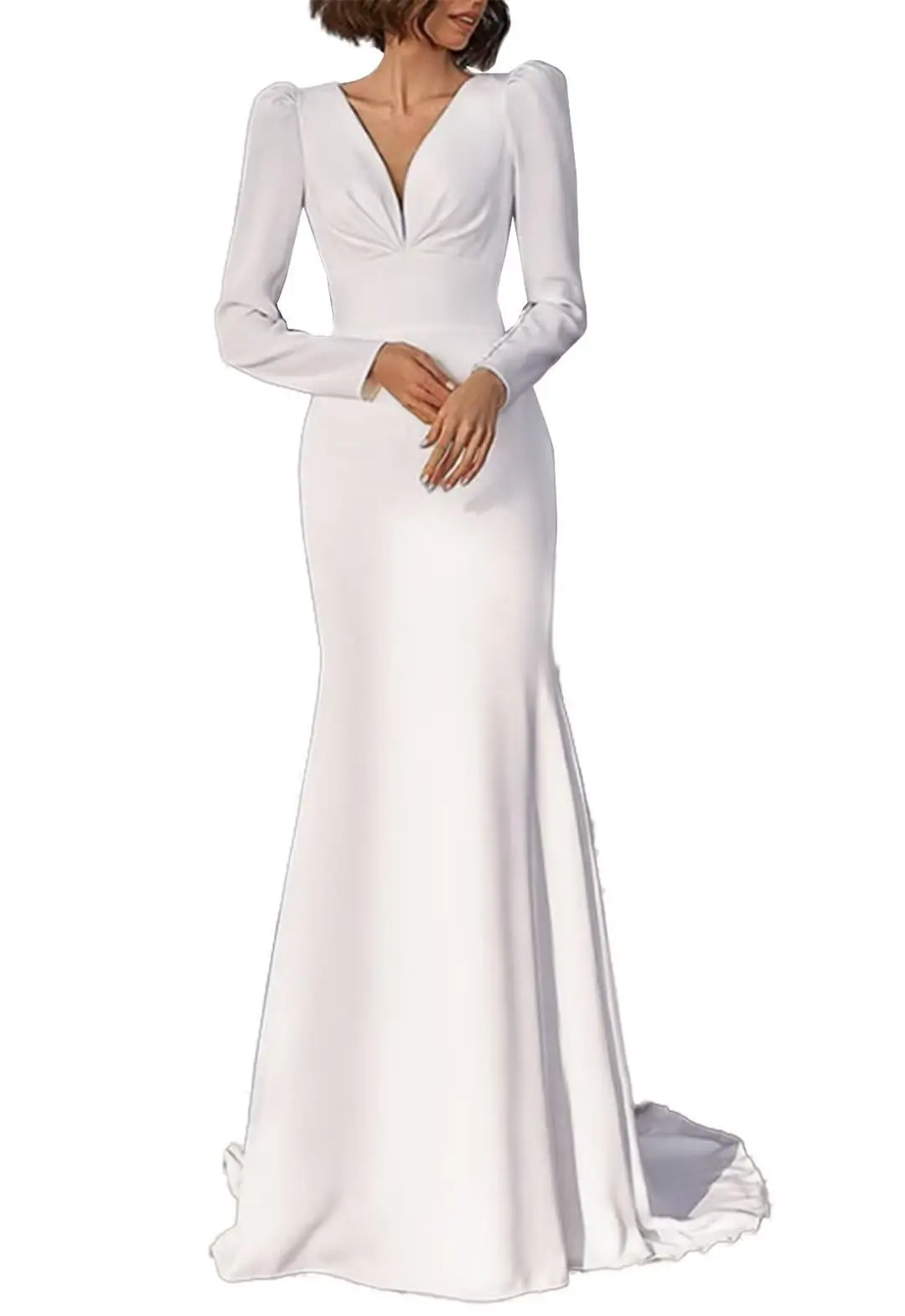 V-Neck Long Sleeve Fishtail Trailing Dress for Bridal Bridesmaid Party Birthday Ball Cocktail Bar Mitzvah Dresses