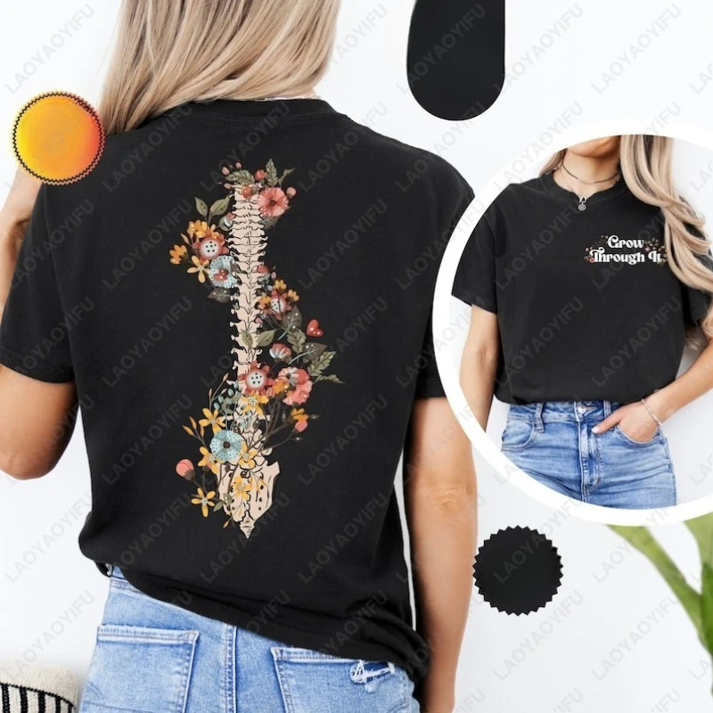 

Grow Through It Tshirt Motivational Positive Saying Tee Mental Health Flower Skeleton Floral Spine Men Women Cotton Fashion Tops