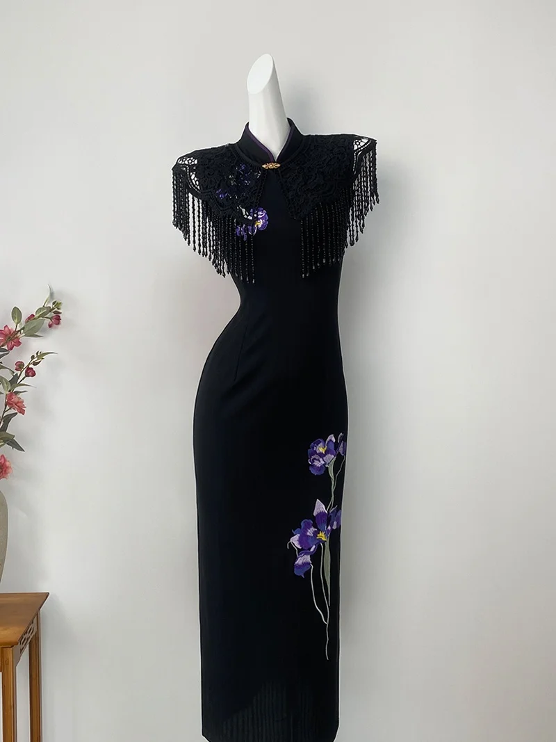 

Эластичное китайское платье-ципао DanYuPure Bla Slim Fit для молодых женщин, дышащее, с низким разрезом, без рукавов, лето 2025
