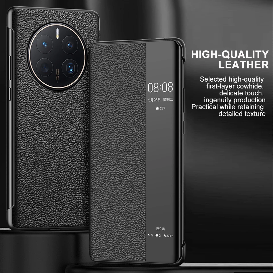 Genuine Leather Flip Cover For Huawei Mate 50 Pro Case Original Mirror Smart Touch View Wake Sleep Up Protection