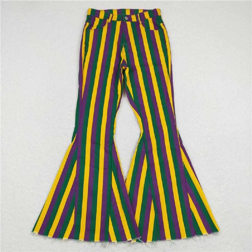 Fashion Adult Women Mama Purple  Green And Gold Striped Denim Trousers Wholesale Boutique Adult Clothes Long Pants