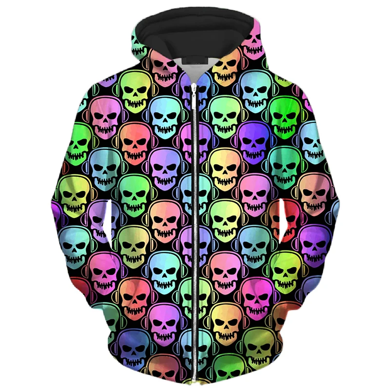 Color Gradient Skull Series Zip Up Hoodie Harajuku Street Personality Hooded Coat 3D Printed Vintage Streetwear 2025 New Hoodies