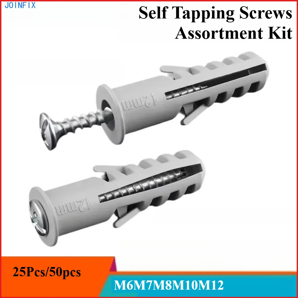 

25Pcs/50Pcs Plastic Expansion Tubes Wall Anchors Self Tapping Screws Assortment Kit M6M7M8M10M12mm for Drywall Concrete Masonry