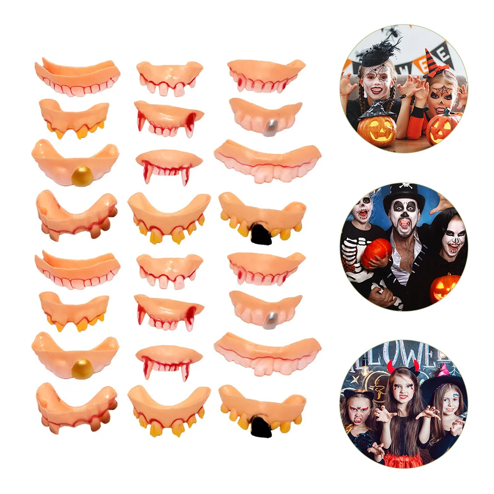 24 pçs adereços de fantasia de halloween dentes falsos feios simulação zumbi dentaduras adereços complicados (12 estilos) dentaduras falsas