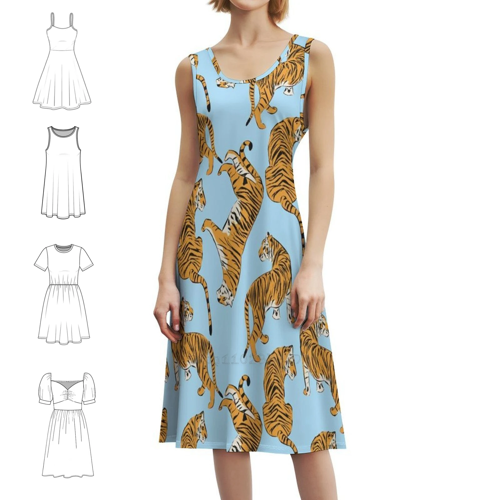 French Blue Pink Tiger Repeating Print-Preppy Modern Korean Style Casual Dress For Women Simple Daily Office Lady Dresses Blue