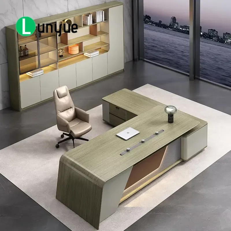 L Shaped Office Desk with Hidden LED Strip Lighting and Independent Side Filing Cabinet Luxury Manager Work Table for Home