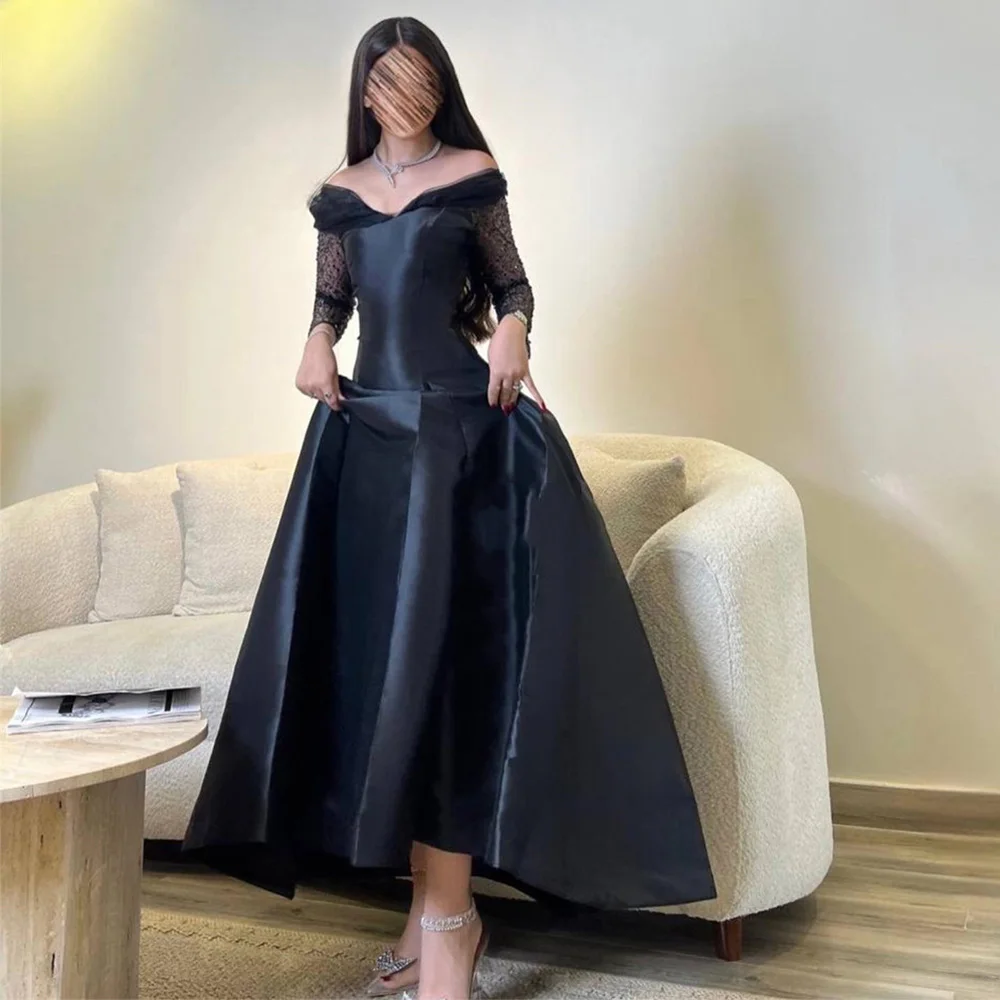 

Customized Off Shoulder A-line Prom Gown Long Sleeve Illusion Satin Backless Sexy Wedding Party Dresses For Women فساتين مناسبة