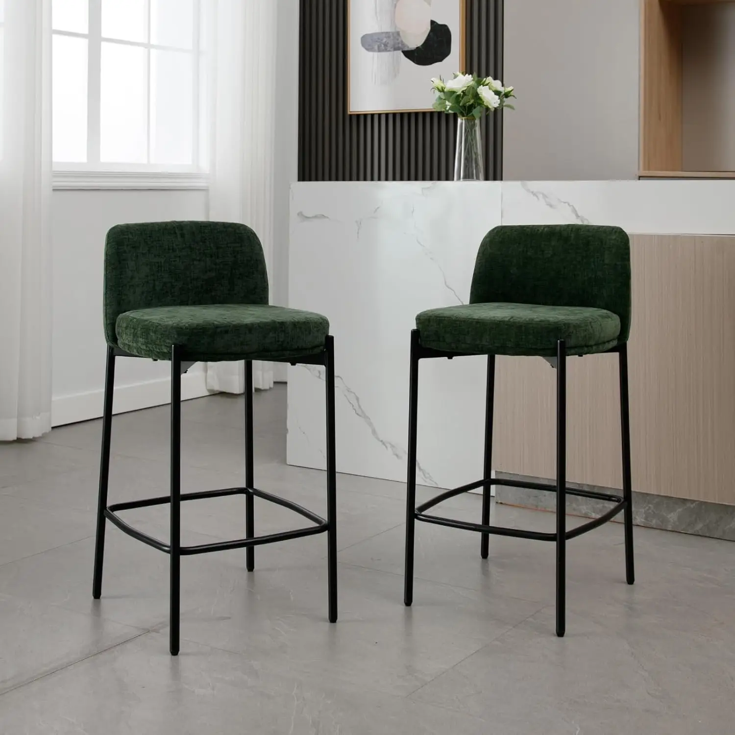 26" moderne Chenille-Thekenhocker, 2er-Set, grün gepolsterte Barhocker in Boucle-Thekenhöhe mit bequemer Rückenlehne, hoher Esszimmerstuhl