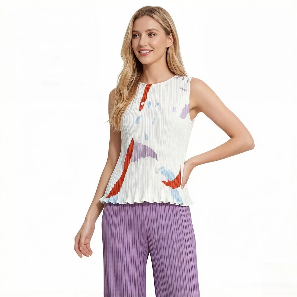 Miyake Pleated Summer New Arrival Pressed-Pleat Sleeveless Top for Women Round Neck Printed Pleated Tank Top T-Shirt Pleat
