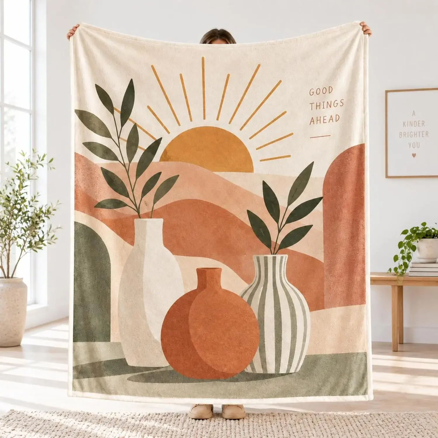 [Flannel Blanket] Bohemian Style Sunshine Blanket, Beautiful Future Pattern Blanket, Abstract Desert Vase Pattern Blanket, Neutr