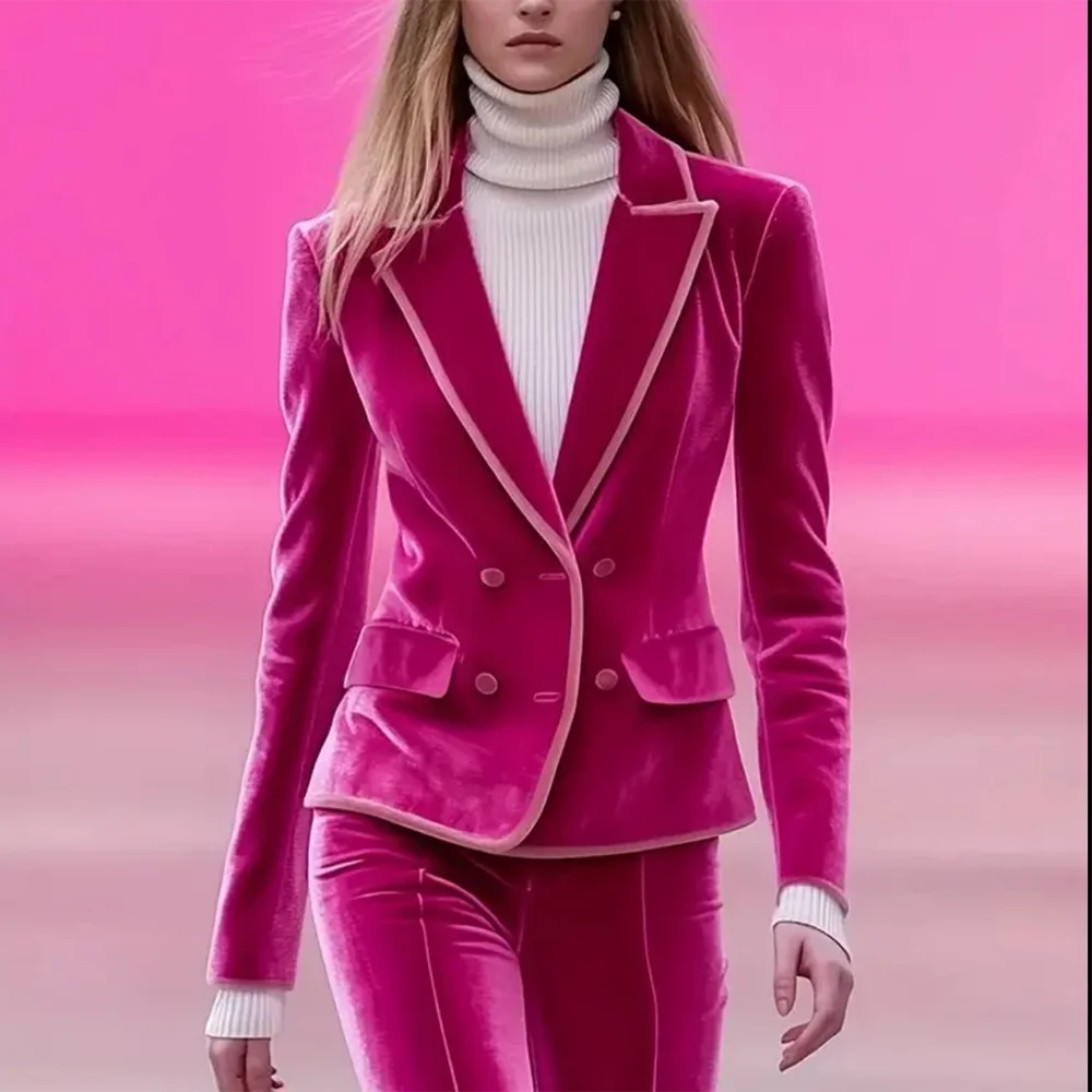 Elegant Velvet Women Suit Two Piece Slim Double Breasted Modern Style Peak Lapel Model Show Luxury Lady Sets Fall Outfits