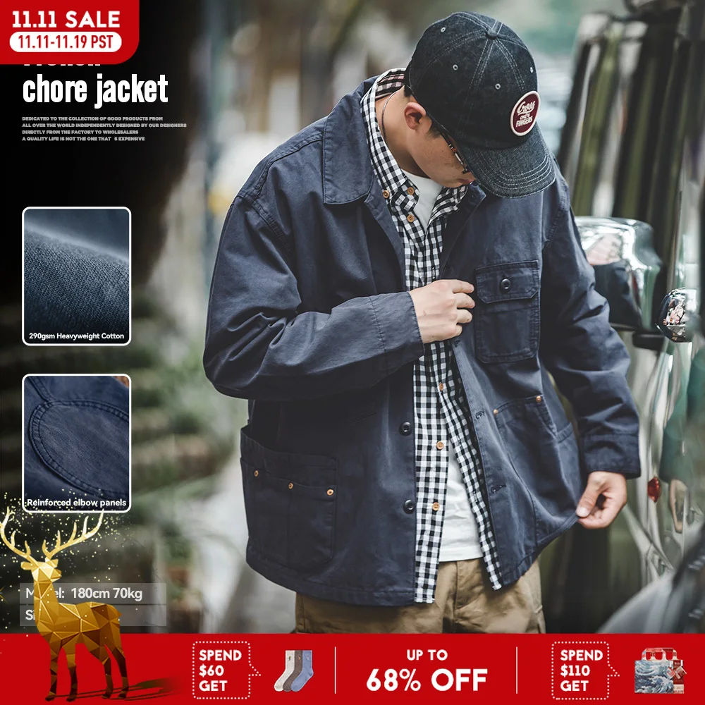 

Maden Retro French Jacket Multi-Pocket Lapel Navy Heavyweight Single-breasted Hunting Coat for Men's Spring and Autumn Tops