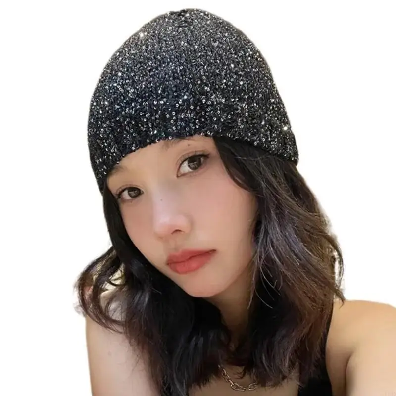 أغطية رأس أنيقة مزينة بالترتر الأسود مثالية للحفلات وعروض الحياة الليلية العصرية F3MD #1