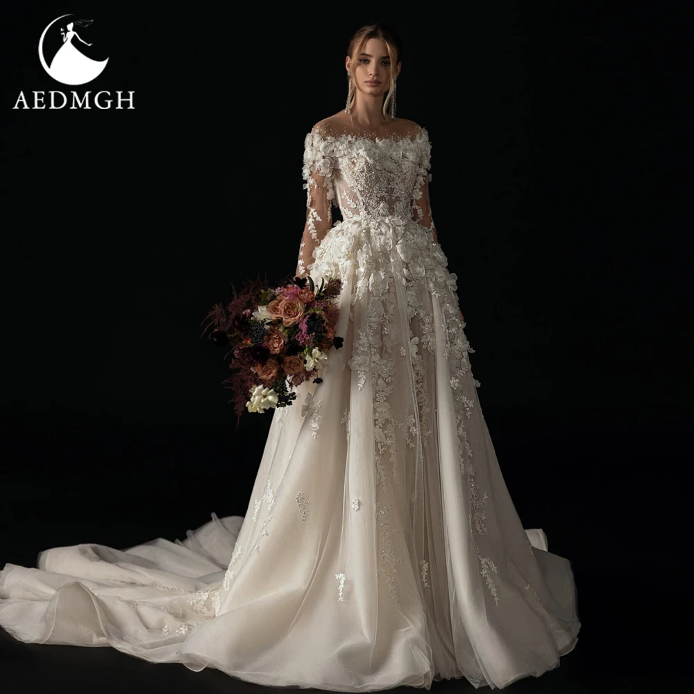 Aedmgh-Robes de mariée élégantes A-Line, col bateau, manches longues, appliques en dentelle, fleurs, chic, robe de patients sur mesure