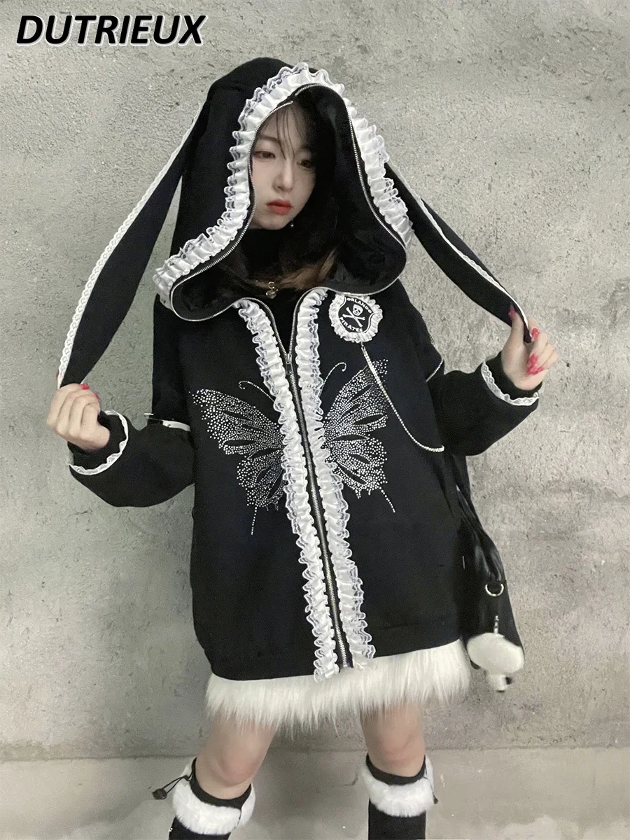 Autumn Winter Dark Punk Loose Sweatshirt Coat Y2k Hooded Harajuku Style Hot Girl Long Sleeve Mid-Length Hoodies Cardigan