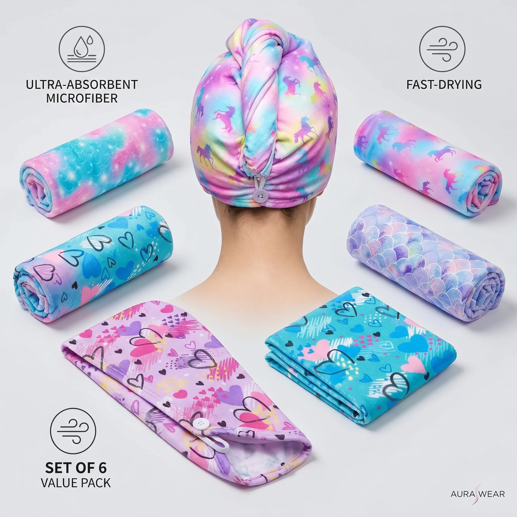 3Pcs Microfiber Hair Towel Wrap, Cartoon Pattern Quick-Dry Cap with Button, Absorbent Soft Turban for Curly Thick Straight Hair